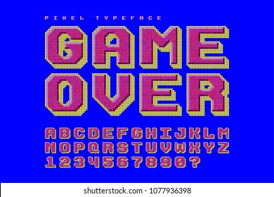 Pixel vector font design, stylized like in 8-bit games. 3d effect, retro-futuristic, game over sign. Swatch color control.