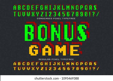 Pixel vector font design, stylized like in 8-bit games. High contrast, retro-futuristic, 2 in 1. Easy swatch color control.