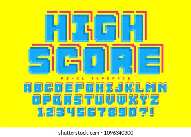 Pixel vector font design, stylized like in 8-bit games. High contrast, retro-futuristic. Easy swatch color control.