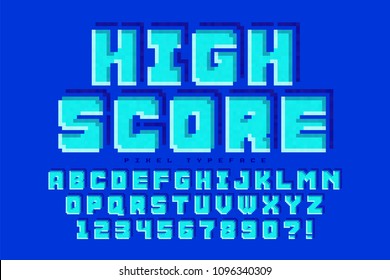 Pixel vector font design, stylized like in 8-bit games. High contrast, retro-futuristic. Easy swatch color control.