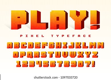 Pixel vector font design, stylized like in 8-bit games. High contrast, retro-futuristic. Easy swatch color control.