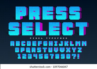 Pixel vector font design, stylized like in 8-bit games. Press select. High contrast, retro-futuristic. Easy swatch color control.