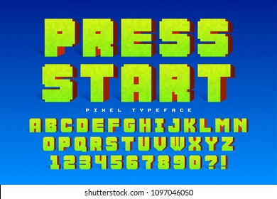 Pixel vector font design, stylized like in 8-bit games. Press start. High contrast, retro-futuristic. Easy swatch color control.