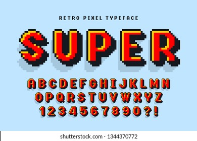 Pixel vector font design, stylized like in 8-bit games. High contrast, retro-futuristic. Easy swatch color control. 