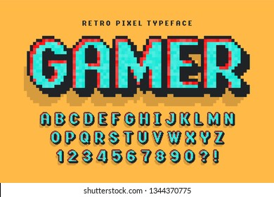 Pixel vector font design, stylized like in 8-bit games. High contrast, retro-futuristic. Easy swatch color control. 