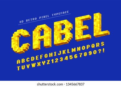 Pixel vector font design, stylized like in 8-bit games. High contrast, retro-futuristic. Easy swatch color control. 