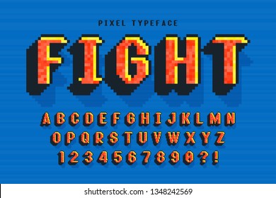 Pixel vector font design, stylized like in 8-bit games. High contrast, retro-futuristic. Easy swatch color control.