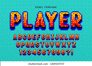 Pixel vector font design, stylized like in 8-bit games. High contrast, retro-futuristic. Easy swatch color control.