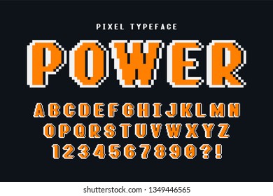 Pixel vector font design, stylized like in 8-bit games. High contrast, retro-futuristic. Easy swatch color control.