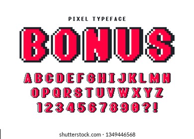 Pixel vector font design, stylized like in 8-bit games. High contrast, retro-futuristic. Easy swatch color control.