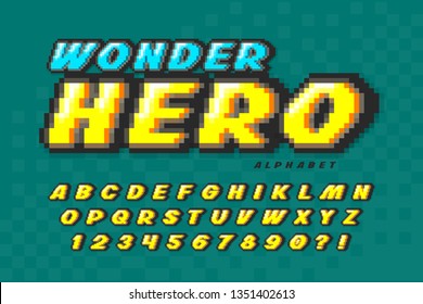 Pixel vector font design, super hero style alphabet. High contrast, retro-futuristic. Easy swatch color control.