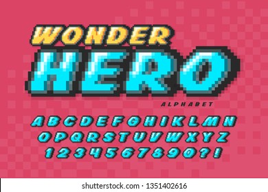 Pixel vector font design, super hero style alphabet. High contrast, retro-futuristic. Easy swatch color control. 