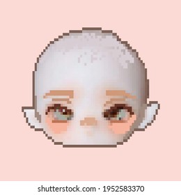 Pixel Vector Head Of A Cute Elf. Doll. Articulated Doll. Cute Baby With Pink Cheeks