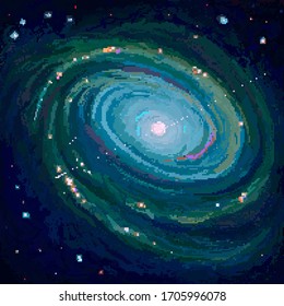 Ilustración vectorial de píxeles con galaxia en la zona espacial