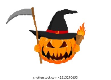 Pixel vector illustration of Halloween pumpkin with scythe and fire torch. Pixel creepy orange pumpkin for holiday and digital designs.