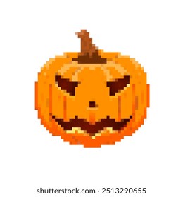 Pixel vector illustration of a Halloween pumpkin with a carved sinister grin. Pixel art Orange pumpkin with a brown stem in retro style, suitable for holiday and digital designs.