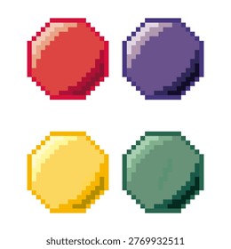 Pixel vector illustration with multicolored round icons on black background. Green, red, blue, yellow balls in video game art style