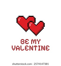 Pixel Vector illustration of postcard with paired red hearts and text. Vintage 8 bit Valentine. 90's aesthetic. Valentine's Day poster. Love and relationships. For game and sticker.