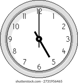 Pixel vector illustration of a round analog wall clock showing five o'clock. Minimal pixel art style. Isolated object with retro design.