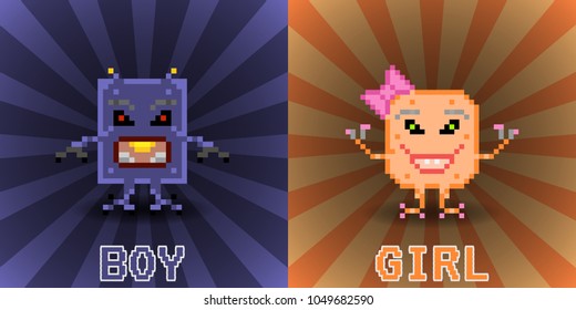 Pixel vector monster. cute multi-colored vector monsters. isolated vector monster in a flat style.