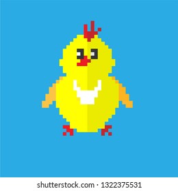 Pixel vector picture of a yellow chiken on a blue background.
