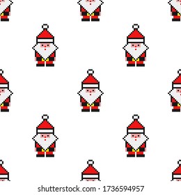 Pixel vector seamless pattern of Santa Claus on white background.