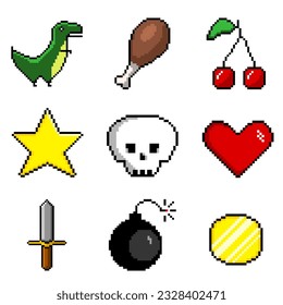 Pixel vector set icons for game, retro style. Dinosaur, cherry, star, coin, sword
