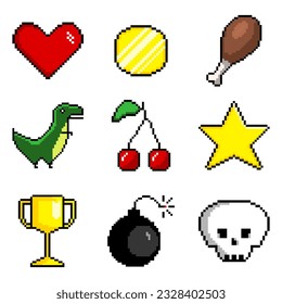 Pixel vector set icons for game, retro style. Dinosaur, cherry, star, coin, sword