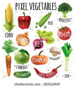 Pixel vegetables corn, pepper, peas, broccoli, onion, beet, mushrooms, tomato, pumpkin, cabbage, cucumber, carrot, chili pepper, leek drawing in pixel style on  white background