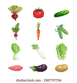 Pixel vegetables set. Pixel art vegetables huge vector collection. Pixel greens and veggies design for game, app, sticker. Big set of pixel art green vegetables icons in 8 bit retro style.