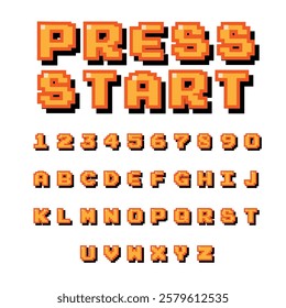 Pixel video game 8 bit font. shadow effect. Set of retro style latin capital letters and numbers. Vector illustration font. 