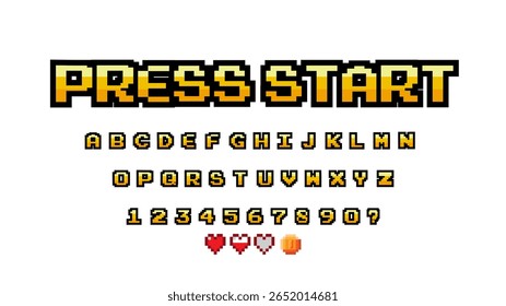 Pixel video game fonte de 8 bits. efeito de sombra. Conjunto de letras latinas maiúsculas e números de estilo retrô. Fonte da ilustração vetorial.
