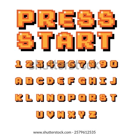 Pixel video game 8 bit font. shadow effect. Set of retro style latin capital letters and numbers. Vector illustration font. 