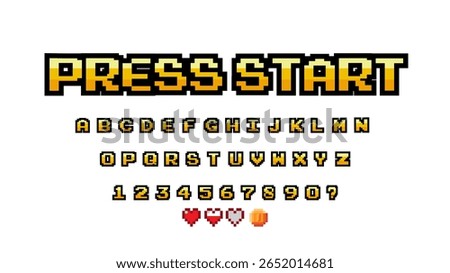 Pixel video game 8 bit font. shadow effect. Set of retro style latin capital letters and numbers. Vector illustration font.