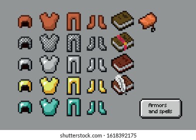 Pixel video game Armor and Spell Items - Editable Vector Set