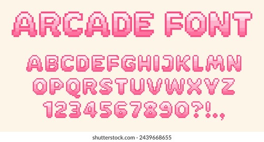 Pixel video game font. 8-bit symbols. Isolated Vector Letters And Numbers. Oldschool retro nostalgic typeface.