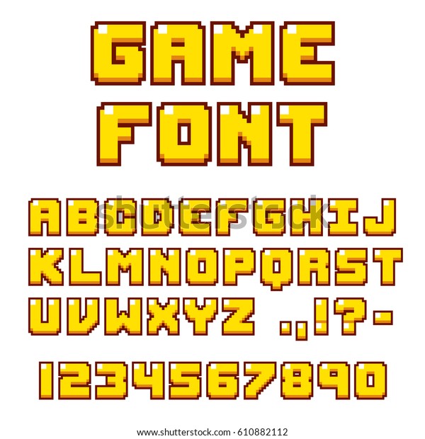 Pixel video game font. 8-bit\
symbols, letters and numbers. Oldschool retro nostalgic\
typeface.