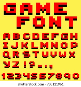 Pixel video game font letters and numbers. Old school retro typeface.