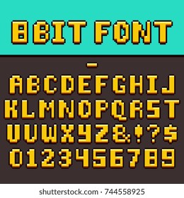 Pixel video game fun alphabet and numbers. 8-bit pixel oldschool gaming vector font. Illustration of pixel game alphabet and digital abc for video game