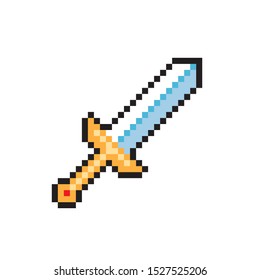 Pixel video game sword icon. Weapon for knight. Vector illustration in retro game style isolated on white background. 