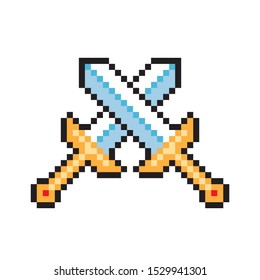 Pixel video game sword icon. Сrossed swords. Weapon for knight. Vector illustration in retro game style isolated on white background. 