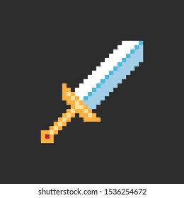Pixel video game sword icon. Weapon for knight. Vector illustration in retro game style isolated on black background. 