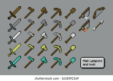 Pixel video game Weapons and Tools Items - Editable Vector Set