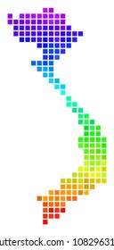 Pixel Vietnam map. Vector territory plan drawn with impressive spectrum color shades with vertical gradient. Color vector mosaic of Vietnam map composed from square elements.