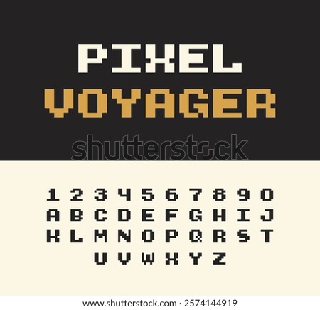 Pixel Voyager Font. Retro 8-Bit Typeface. Set of Pixelated Latin Capital Letters and Numbers. Vector Illustration.