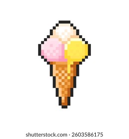 Pixel waffle cone icon with three scoops of ice cream isolated on transparent background. Pixelated badge, game asset or computer arcade item. Vector pixel art illustration in 16 bit old style.