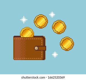 Pixel Wallet and Gold Coins Icon on blue