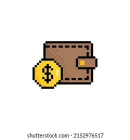 pixel wallet icon.  Vector pixel art money wallet 8 bit logo for game