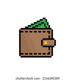 Pixel Wallet Icon.  Vector Pixel Art Money Wallet 8 Bit Logo For Game