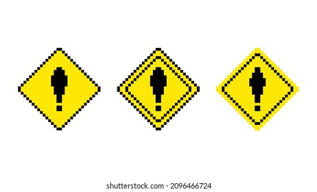 Pixel warning road sign. Yellow rhombus with black exclamation mark of attention and caution. Hazard information in 8bit game vector design.